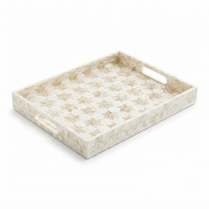 Fine Quality Mother of Pearl Tray Round <b>Mosaic</b> MOP Inlay Serving Tray with Handles Decorative Shell Coffee Table Ottoman Tray - Product Image 3