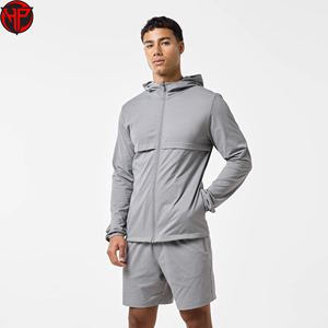 Gray Hooded <b>Tracksuit</b> Set Zip Up Jacket and Shorts Breathable Quick Dry Streetwear Sportswear Windbreaker Shorts Set for Men - Product Image 3