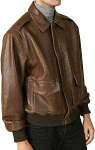 Blouson aviateur en cuir véritable marron pour homme, col rabattu, fermeture éclair, coupe décontractée, poches, automne - Product Image 3