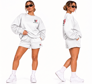 Ensemble survêtement molletonné rose personnalisé pour femme, en polyester/coton, avec short et sweat-shirt à col ras du cou et épaules tombantes, fermeture à cordon de serrage - Product Image 2