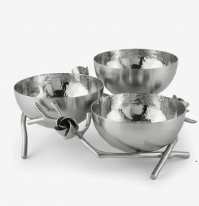 Support de service rond en métal plaqué argent à 3 compartiments avec poignée décorative - Product Image 1