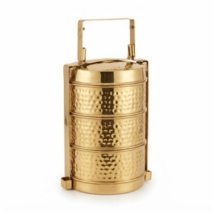 Hammered Brass Tiffin <b>Box</b> 3 Tier Stackable Food Carrier Metal <b>Lunch</b> <b>Box</b> With Handle Luxury Kitchen Storage Wholesale - Product Image 1
