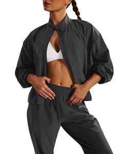 Chaqueta cortavientos casual personalizada para mujer con cremallera completa, cuello alto, hombros caídos, para correr, venta al por mayor, con dobladillo elástico - Product Image 3