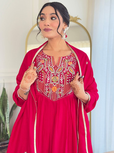 Women's <b>Red</b> Vichitra Silk Embroidered <b>Flared</b> Kurta with Rayon Pant And Chinon Embroidered Dupatta Sets - Product Image 6