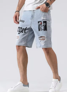 Shorts en jean stretch pour homme, style streetwear, déchirés, longueur genou, baggy, confortables, cargo, décontractés - Product Image 3