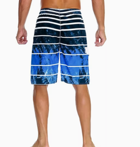 <b>Men</b> s Striped Board Shorts Quick Dry Drawstring Swim <b>Trunks</b> With Pockets Casual Beach Wear Short Length Mid Waist Blue Pattern - Product Image 2