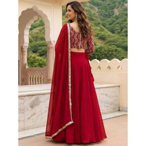 <b>Red</b> Embroidered Georgette Plus Size <b>Lehenga</b> Choli for <b>Wedding</b> - Product Image 3