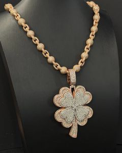 <b>Iced</b> <b>Out</b> Clover Pendant Necklace Gold Plated Fine Body <b>Chain</b> Moissanite Inlay Unisex Hip Hop Jewelry - Product Image 1