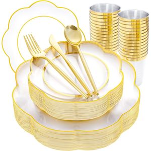 ชุดภาชนะใสสำหรับรับประทานอาหาร 180 ชิ้น ทนทาน พร้อมช้อนส้อมสีทองและสีเงิน สำหรับงานแต่งงานและงานปาร์ตี้ - Product Image 1