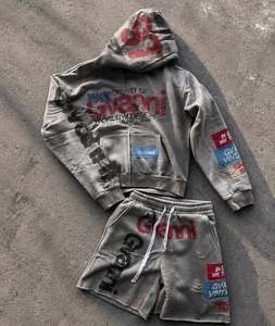 High Quality Cotton Sweat Suits Embroidered Patchwork Jogging Sweatpants and Hoodies <b>Set</b> for Men Custom Acid Wash Tracksuit - Product Image 1
