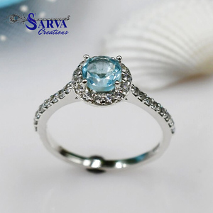 Anillo de Halo de Plata de Ley 925 con Topacio Azul Cielo, Elegante y Lindo, con Detalles de Moissanita Cúbica, Joyería de Compromiso y Boda para Mujer, Regalo - Product Image 4