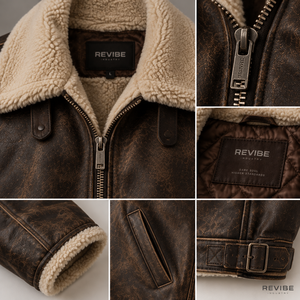 Chaqueta de Cuero Estilo Aviador Vintage Extra Grande para Hombre, Chaqueta de Invierno con Cuello de Piel de Oveja Marrón Desgastado, Fabricante OEM - Product Image 6