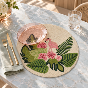Set de table en verre à perles motif flamant rose avec accents floraux de feuillage vert |   Set de table décoratif résistant à la chaleur et écologique pour une ambiance élégante - Product Image 2