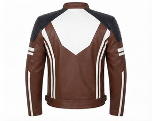 Blouson moto en cuir véritable pour homme, marron, blanc et noir, style color block, col montant, fermeture éclair, coupe classique, style automne - Product Image 2
