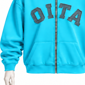Cyan Blue Mens <b>Zip</b> Front <b>Hoodie</b> Chenille Letter Patch Heavyweight Fleece Oversized Streetwear Sweatshirt with Kangaroo <b>Pockets</b> - Product Image 6