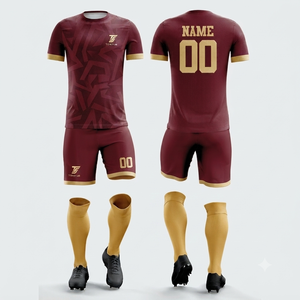 Ensemble d'uniformes de football personnalisables pour adultes en gros - 100 % polyester, impression par transfert thermique/sublimation, séchage rapide, short à taille élastique - Product Image 1