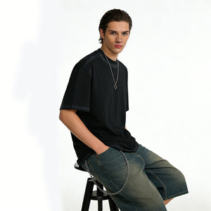 T-shirt en coton uni surdimensionné pour homme 2026, col rond, manches courtes, style streetwear décontracté, avec bordure contrastante en jersey tricoté - Product Image 5