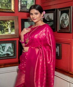 Pink Silk Saree Traditional Indian Wedding Dress Banarasi Style <b>Floor</b> Length Women's Sari Regular Fit All Seasons - Product Image 3