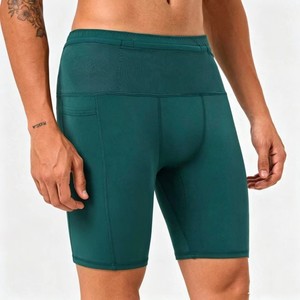 Pantalones Cortos de Compresión de Cintura Alta para Hombre, Color Verde Sólido, Spandex y Poliéster, Secado Rápido, Ajuste Deportivo, con Bolsillos, Cintura Elástica - Product Image 1