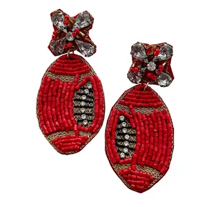 Vintage Style Football Beaded Earrings for Women Patriotic Orange White Blue Colour Fabric <b>Material</b> for Wedding Memorial Day - Product Image 1