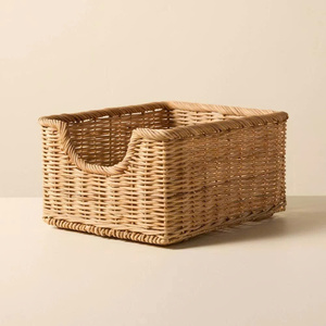 Panier de rangement rectangulaire en rotin rustique avec poignées découpées, organisateur en osier tressé à la main pour étagères, jouets et articles ménagers - Product Image 1