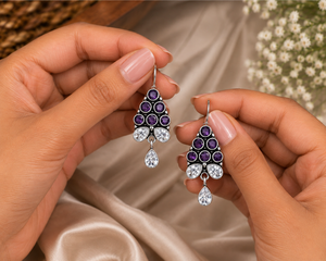 Latest Oxidized <b>Silver</b> Flower Boho Tribal Women's <b>Drop</b> <b>Earrings</b> | Amethyst Crystal Bezel Dangle <b>Earrings</b> for Global Supplier - Product Image 3