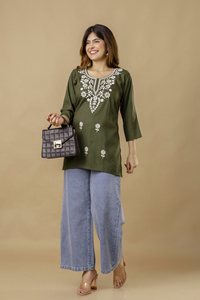 <b>Women's</b> Olive Green Cotton <b>Kurta</b> With White Embroidery 3/4 Sleeve Traditional Casual Wear Midi Length Regular Fit - Product Image 3