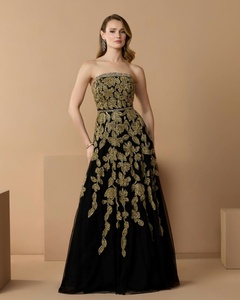 Elegant A-Line Evening <b>Gown</b> Black Gold Floral Embroidery <b>Floor</b>-<b>Length</b> Polyester Natural Waistline Anti-Wrinkle Party Dress - Product Image 1