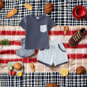 Ensemble de shorts de poche à rayures bleues classiques de tous les jours pour garçons vêtements pratiques pour tout-petits vêtements en Spandex/Polyester - Product Image 4