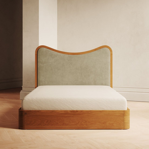 Elegant Solid Teak Wood <b>Bed</b> <b>Frame</b> with Upholstered Wave Headboard and Modern Organic Bedroom Furniture - Product Image 1