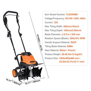 Motoculteur électrique filaire 12 A, largeur de travail 18 po, profondeur de travail 3,94 po, dents en acier MN, rotoculteur, largeur de travail 18 po, profondeur de travail 3,94 po - Product Image 4