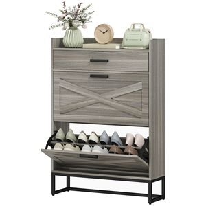 Scarpiera sottile in stile rustico con 2 cassetti ribaltabili, in truciolato grigio anticato, per 12 paia, organizer salvaspazio - Product Image 1