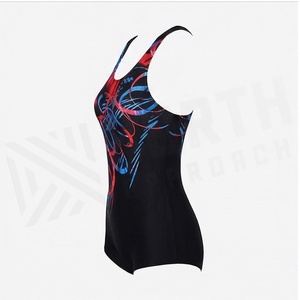 Traje de baño de una pieza para mujer con estampado abstracto rojo y azul, cuello redondo, pantalones cortos de natación elásticos de poliéster y elastano - Product Image 3