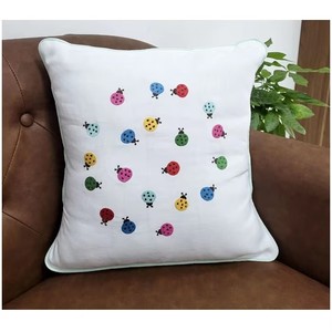 Embroidered Colorful Ladybug Square Back Cushion Cover 40cm X 40cm White Cotton Decorative Pillow Mint <b>Green</b> Piping Removable - Product Image 2