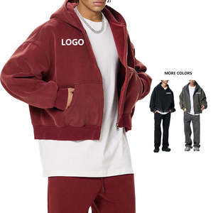 Sweat-shirts à capuche pour hommes, coupe carrée, personnalisés, délavés à l'acide, poids lourd 350g, oversize, coupe courte, effet usé, zippés, avec impression en relief - Product Image 1