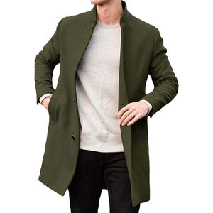 Manteau long en laine noire pour femme, col montant, style minimaliste, bouton unique, trench-coat d'automne - Product Image 5