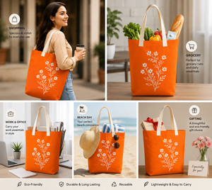 กระเป๋าโท้ทผ้ากระสอบสีส้มปักลายดอกไม้สีขาวสไตล์โบฮีเมียนแบบเปิดด้านบน - Product Image 5