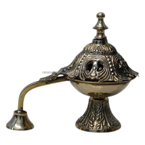 Handcrafted Brass Charcoal Incense Burner with Handle Traditional Bakhoor Dhoop Burner for Home Fragrance <b>Decor</b> - Product Image 1