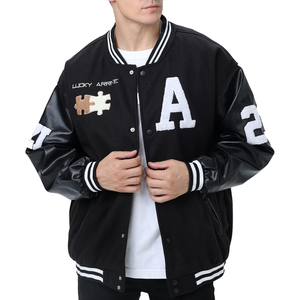 <b>Men's</b> Black Varsity <b>Jacket</b> Embroidered <b>Letter</b> A Patch Design PU Leather Sleeves Preppy Style Autumn Wear - Product Image 1