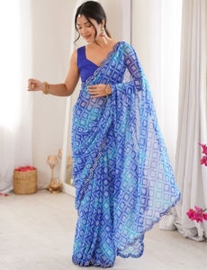 Sari en Georgette KV pour femme, imprimé numérique à la main, teinture Bandhani, avec blouse non cousue (Bleu) - Product Image 5