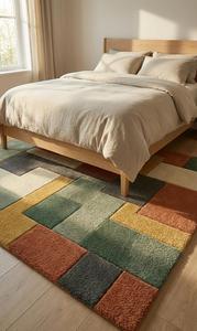 Tapis de luxe moderne abstrait en laine, géométrique, à blocs de couleur, en peluche, tufté à la main, à poils moyens, antidérapant, pour salon, chambre et maison - Product Image 2