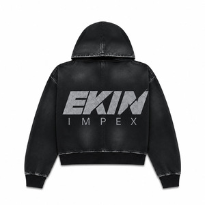 เสื้อฮู้ดซิปผู้ชายสีดำทรงโอเวอร์ไซส์จาก Ekin Impex สไตล์สตรีทแวร์ มีกระเป๋าหน้าและโลโก้พิมพ์ซิลค์สกรีน - Product Image 4
