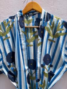 Bata Kimono de Algodón con Estampado Floral y Rayas Azules para Mujer, Túnica de Playa, Bata de Verano, Bata de Dama de Honor, Bata de Spa, Ropa de Dormir - Product Image 4