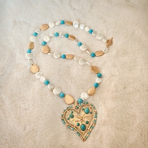 Collier long fait main vintage en forme de cœur avec perles de turquoise verte et pierres naturelles, pendentif chaîne de pull - Product Image 4