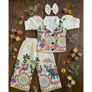 Conjunto coordinado de media manga para niños con bordado étnico en algodón khadi, cuello con cuelloleta y detalles florales en dori, y lazo a juego para ocasiones festivas. - Product Image 3
