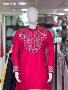Nueva colección de kurta corta de manga larga con yoke y trabajo de espejo en seda pura y pantalón de algodón, proveedor de la India. - Product Image 6
