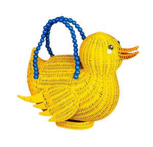 Yellow Rattan Duck Shape Storage <b>Basket</b> With Blue Bead <b>Handle</b> Animal Pattern Decorative Handmade <b>Wicker</b> Bag - Product Image 4