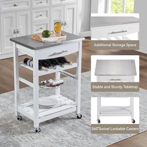 Carrello da Cucina Mobile con Isola, Cassetto Sottostante e Cesto Portaoggetti Scorrevole in Rete - Product Image 3