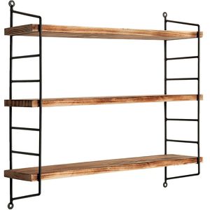 23-Inch Modern Industrial 3-Tier Floating Display <b>Shelf</b> Adjustable Torched Wood and Metal <b>Wall</b> <b>Mounted</b> <b>Shelves</b> - Product Image 2