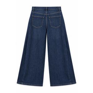 Culottes de mezclilla de cintura media y pierna ancha para mujer con pliegues laterales - Índigo - Product Image 2